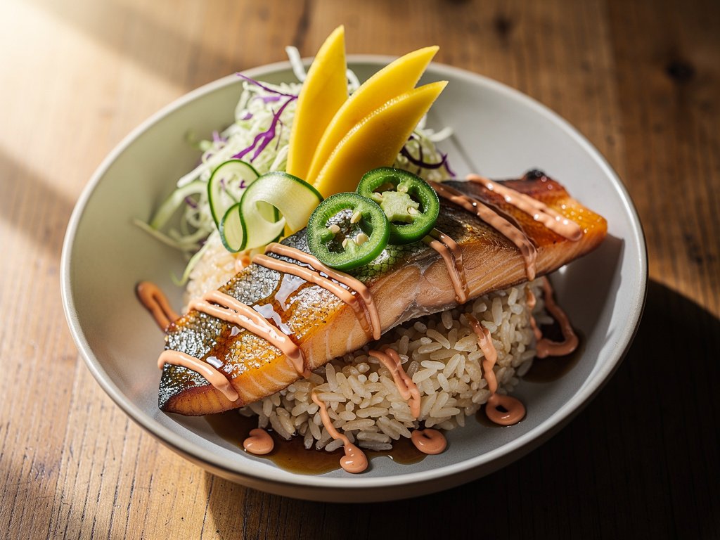 Sweet Soy Glazed Rainbow Trout Bowls with Mango and Pickled Jalapeño