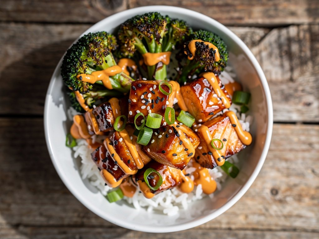 Sweet Soy Glazed Salmon Bowl with Air-Fried Broccoli and Spicy Mayo