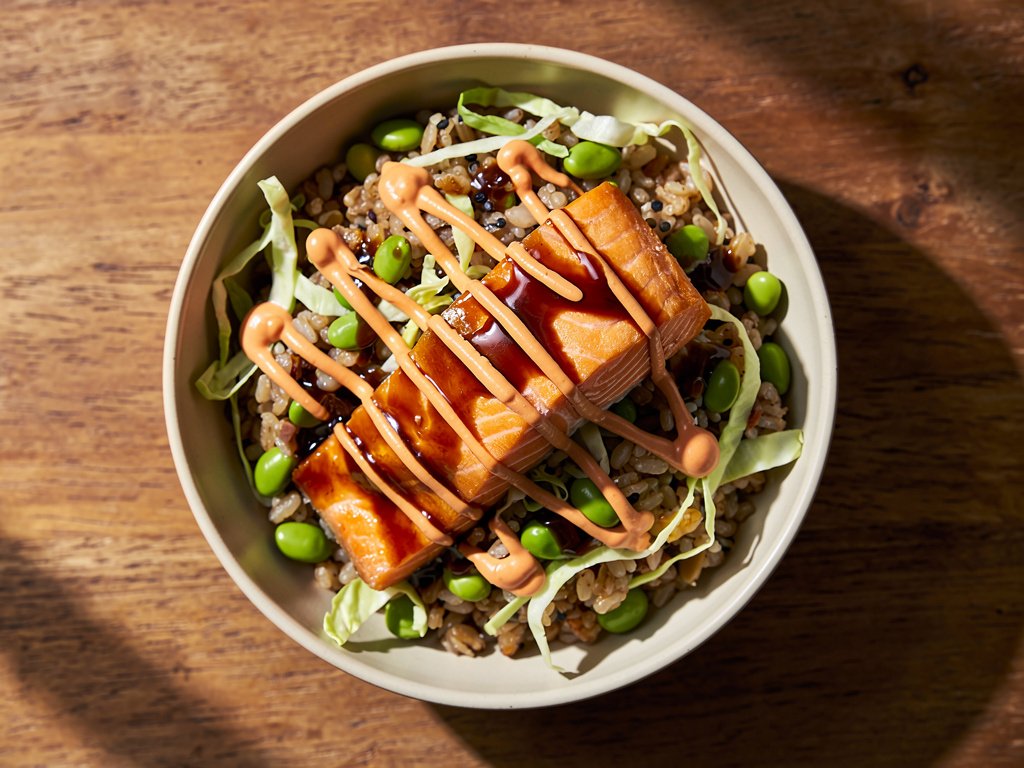 Sweet Soy Glazed Salmon Bowls with Edamame Grains and Spicy Mayo