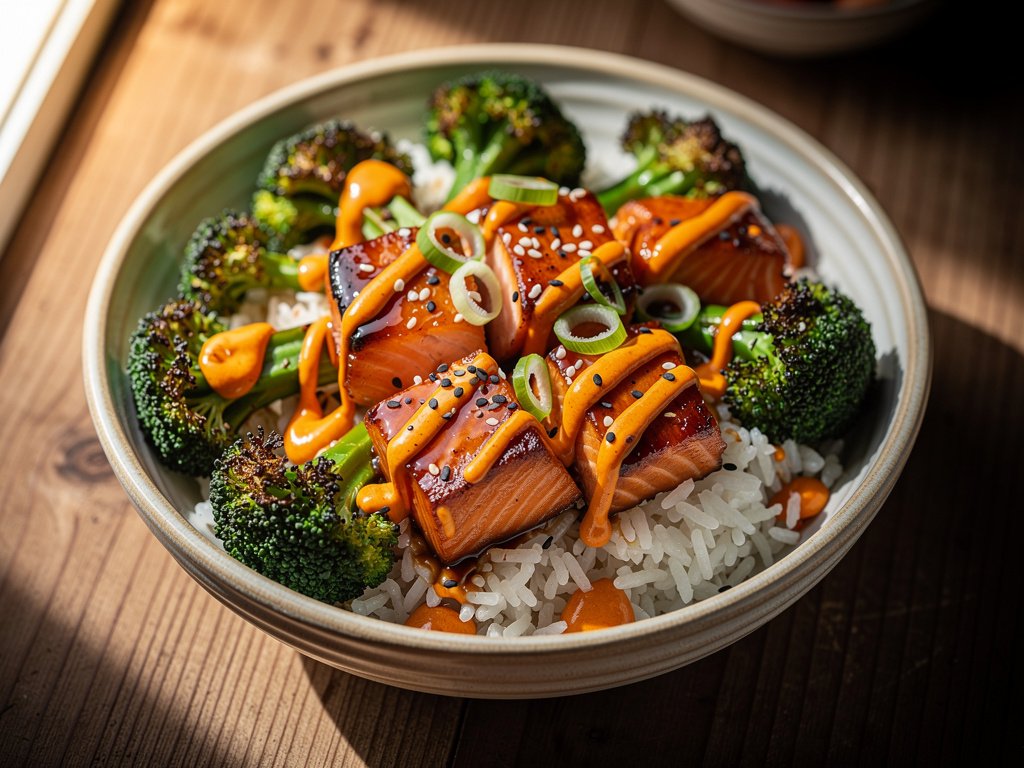 Sweet Soy Glazed Salmon Bowls with Air-Fried Broccoli and Spicy Mayo