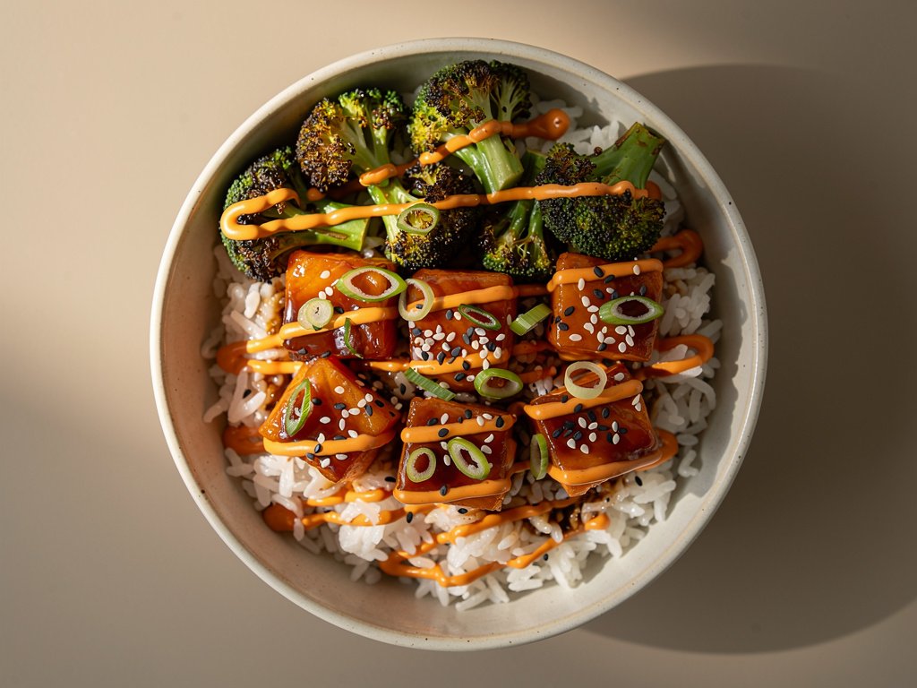 Sweet Soy Glazed Salmon Bowls with Air-Fried Broccoli and Spicy Mayo