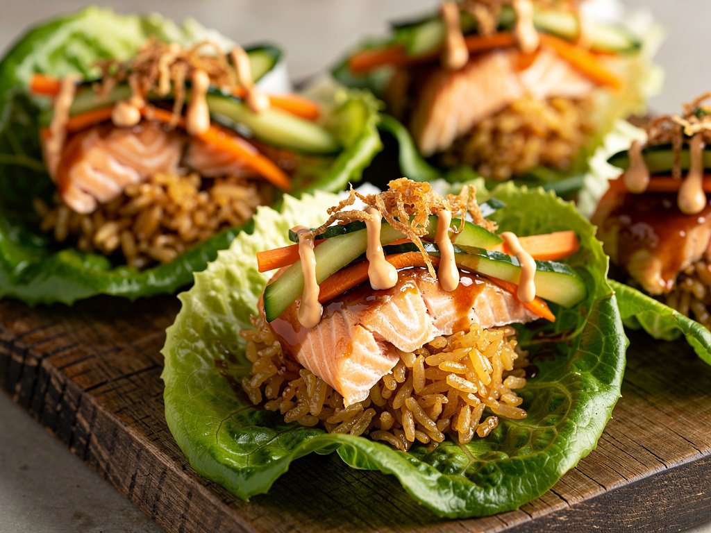 Sweet Soy Glazed Salmon Lettuce Cups with Crispy Rice and Pickled Veggies