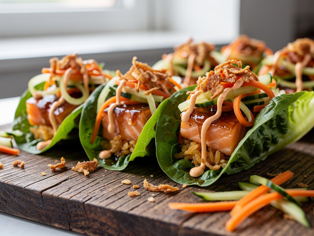 Sweet Soy-Glazed Salmon Lettuce Cups with Crispy Rice and Quick-Pickled Veggies