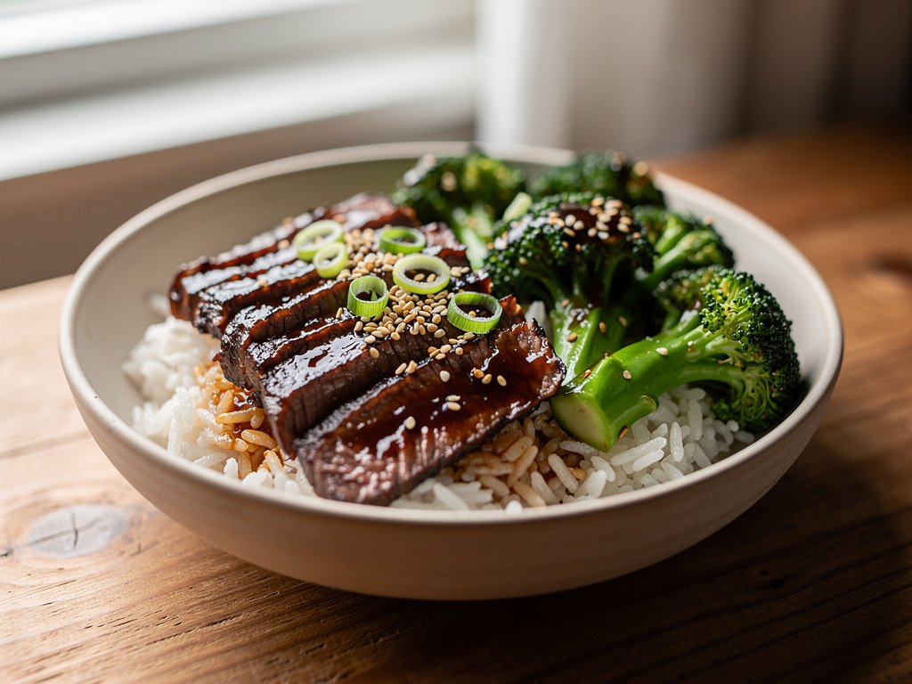 Sweet Soy Glazed Steak and Broccoli Bowls with Jasmine Rice