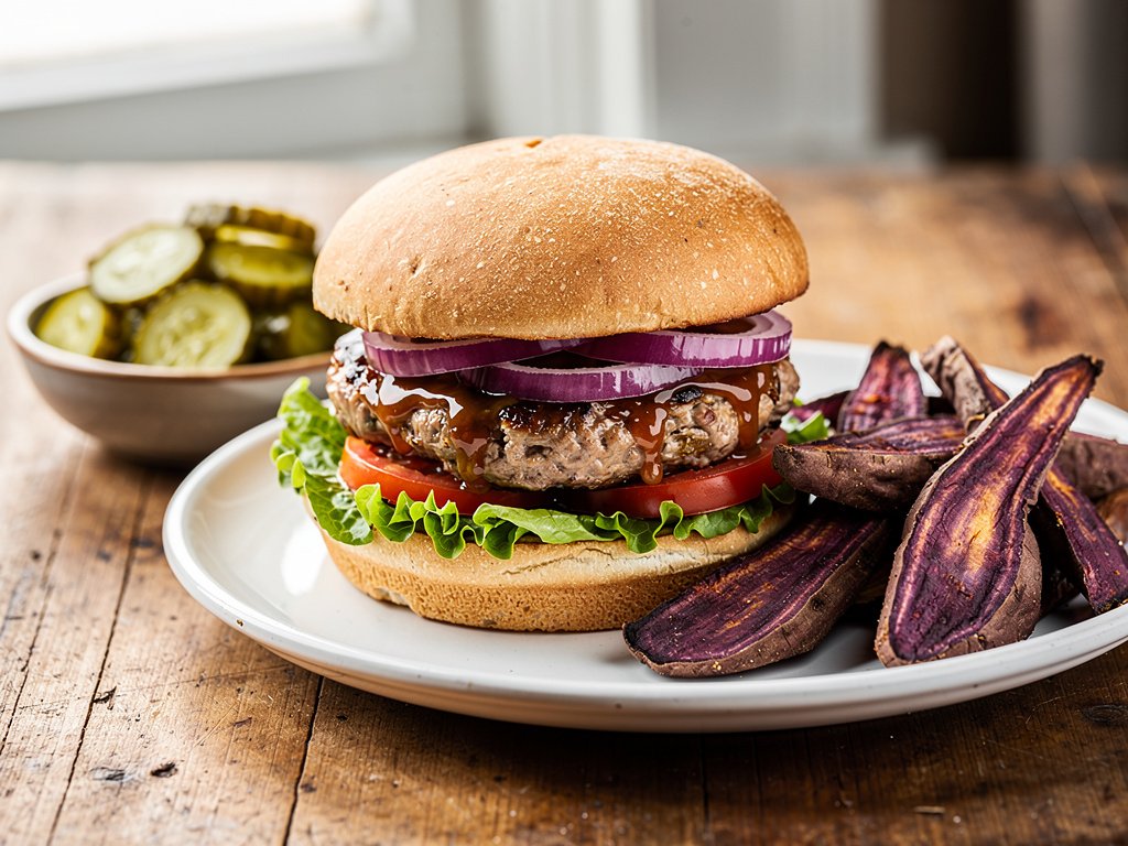 Sweet Soy Turkey Burgers with Roasted Purple Sweet Potato Wedges