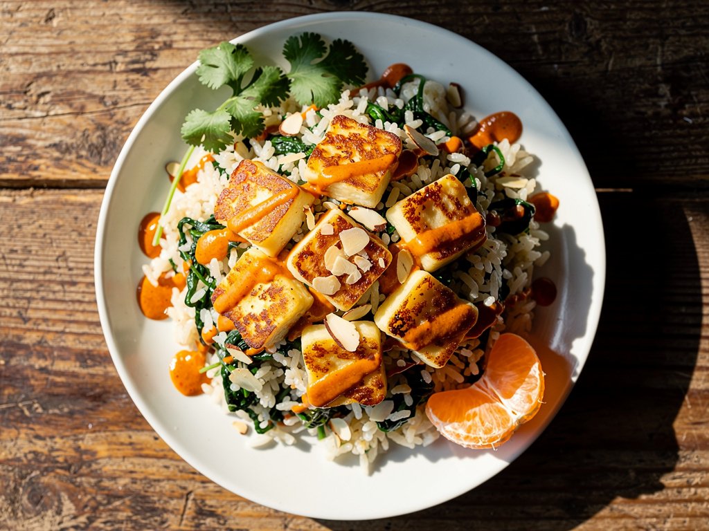Sweet and Spicy Seared Halloumi Bowl with Garlic Spinach Rice