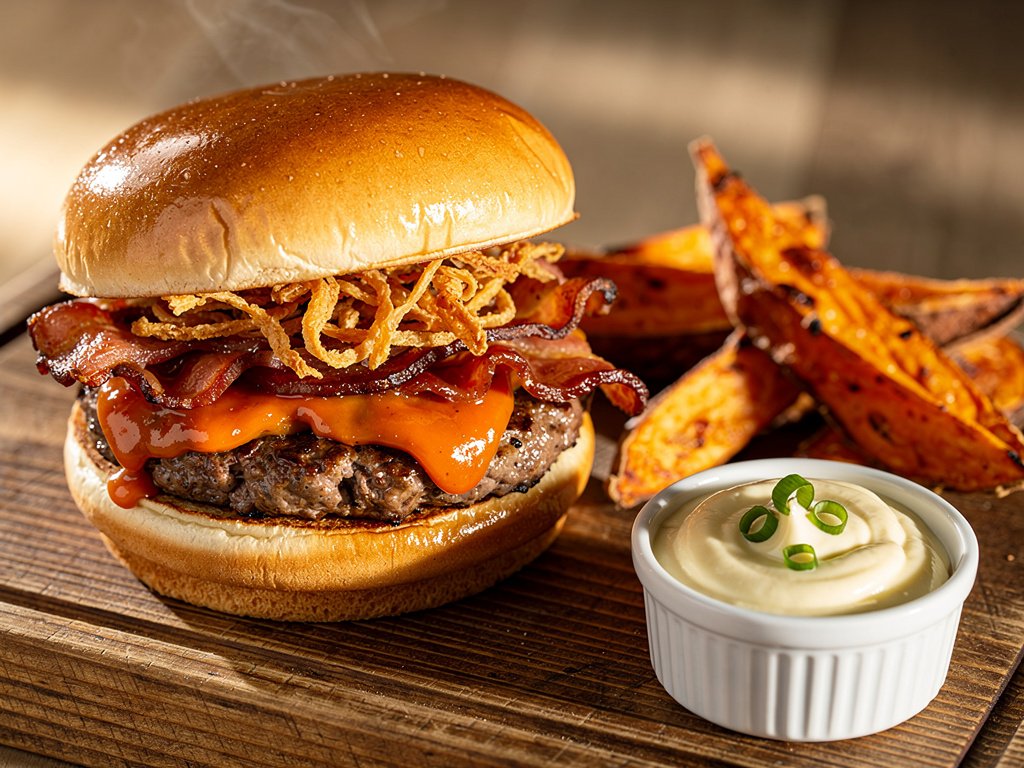 Sweet Thai Chili Bacon Burgers with Ginger Scallion Aioli and Sweet Potato Wedges