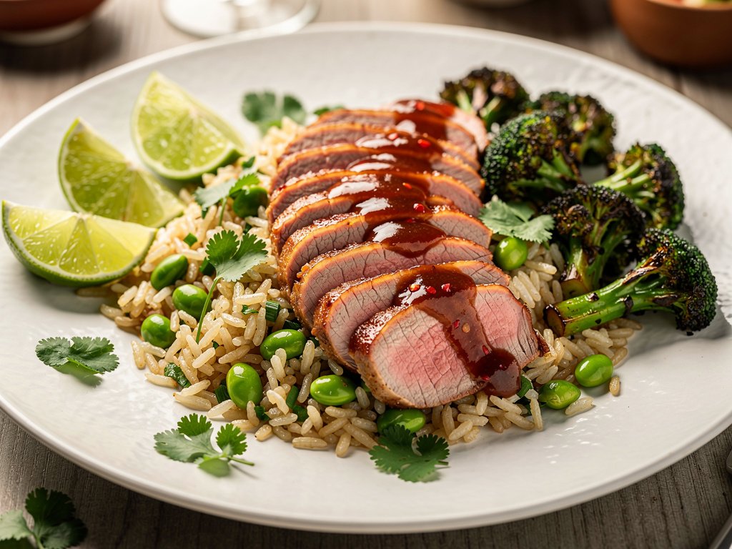 Sweet Thai Chili Pork Tenderloin with Edamame Rice and Roasted Broccoli