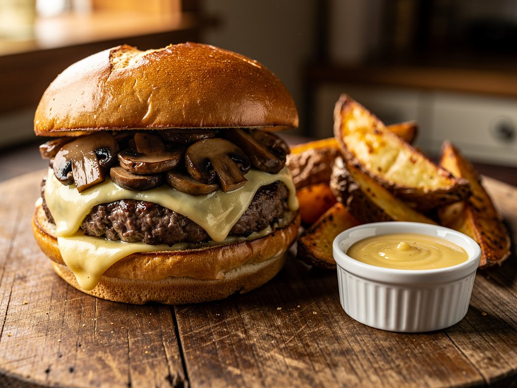 Juicy Swiss Mushroom Burgers with Crispy Oven Fries and Honey Dijon Sauce