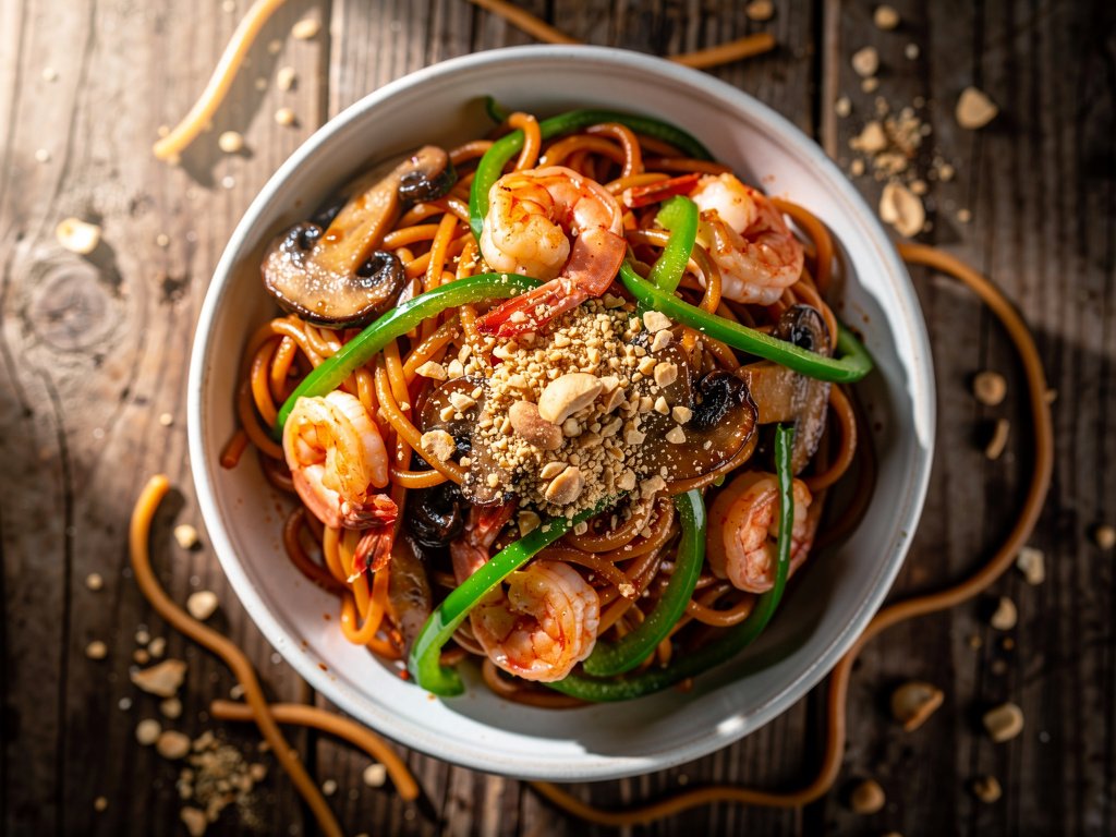 Szechuan Shrimp Lo Mein with Bell Pepper and Peanuts