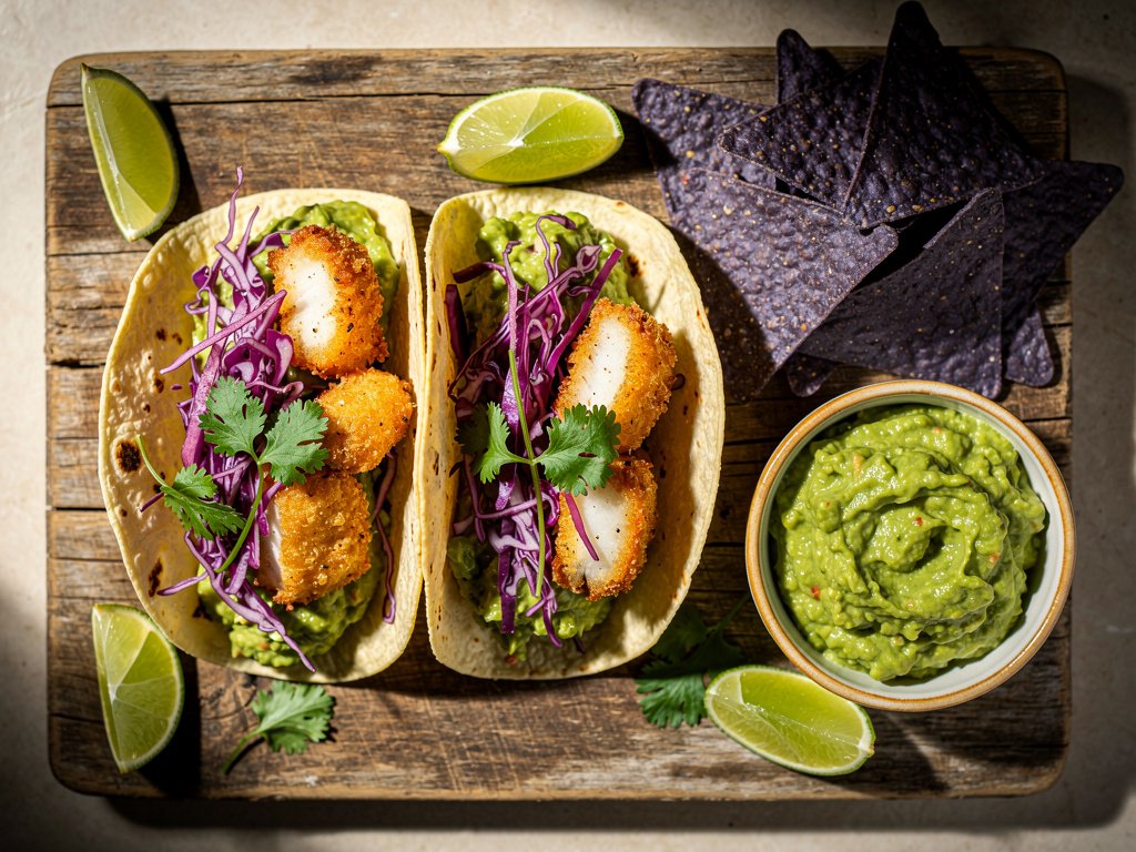 Tempura Black Cod Tacos with Creamy Cilantro-Lime Slaw and Guacamole