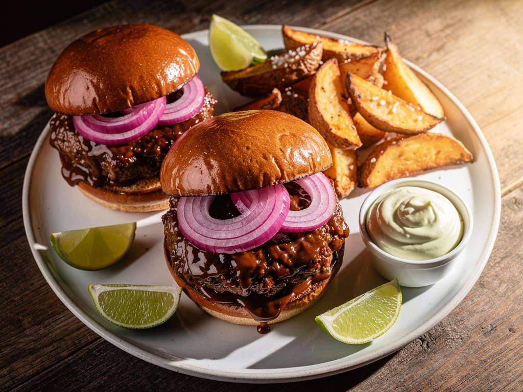 Tex-Mex Plant-Based Sloppy Janes with Pickled Onion and Potato Wedges