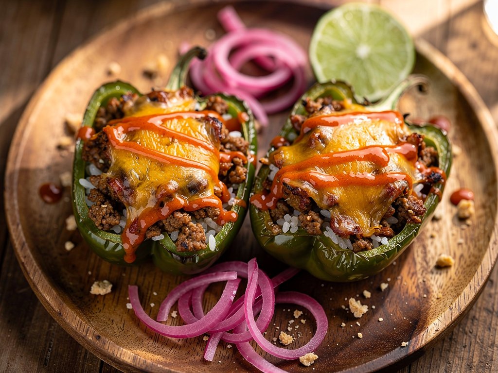 Tex-Mex Stuffed Green Peppers with Smoky Crema and Pickled Onion