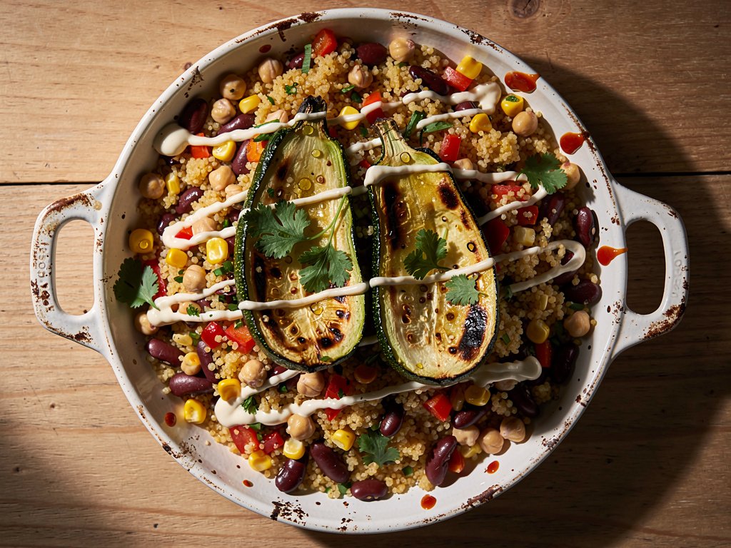 One-Skillet Tex-Mex Zucchini Casserole with Chicken, Couscous & Three Beans