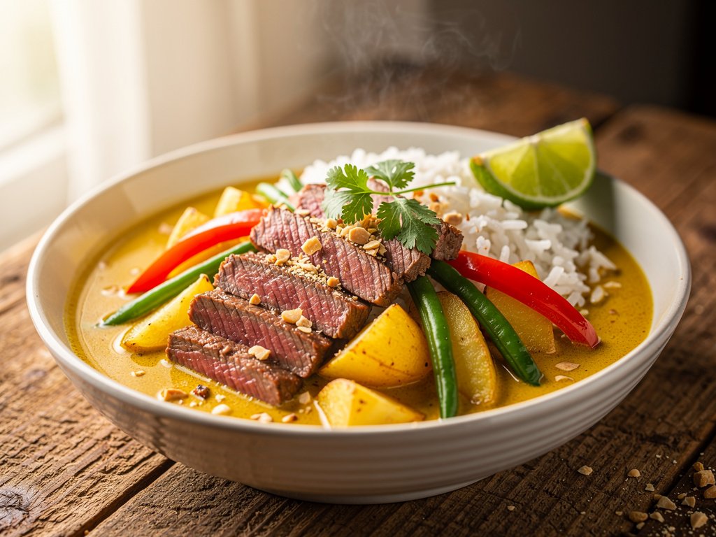 Thai Coconut Curry with Steak, Potatoes, and Green Beans