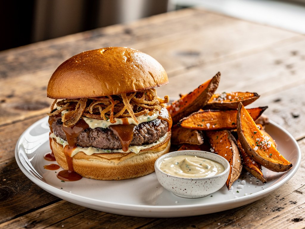 Thai-Inspired Beef Burgers with Ginger Scallion Aioli and Sweet Potato Wedges