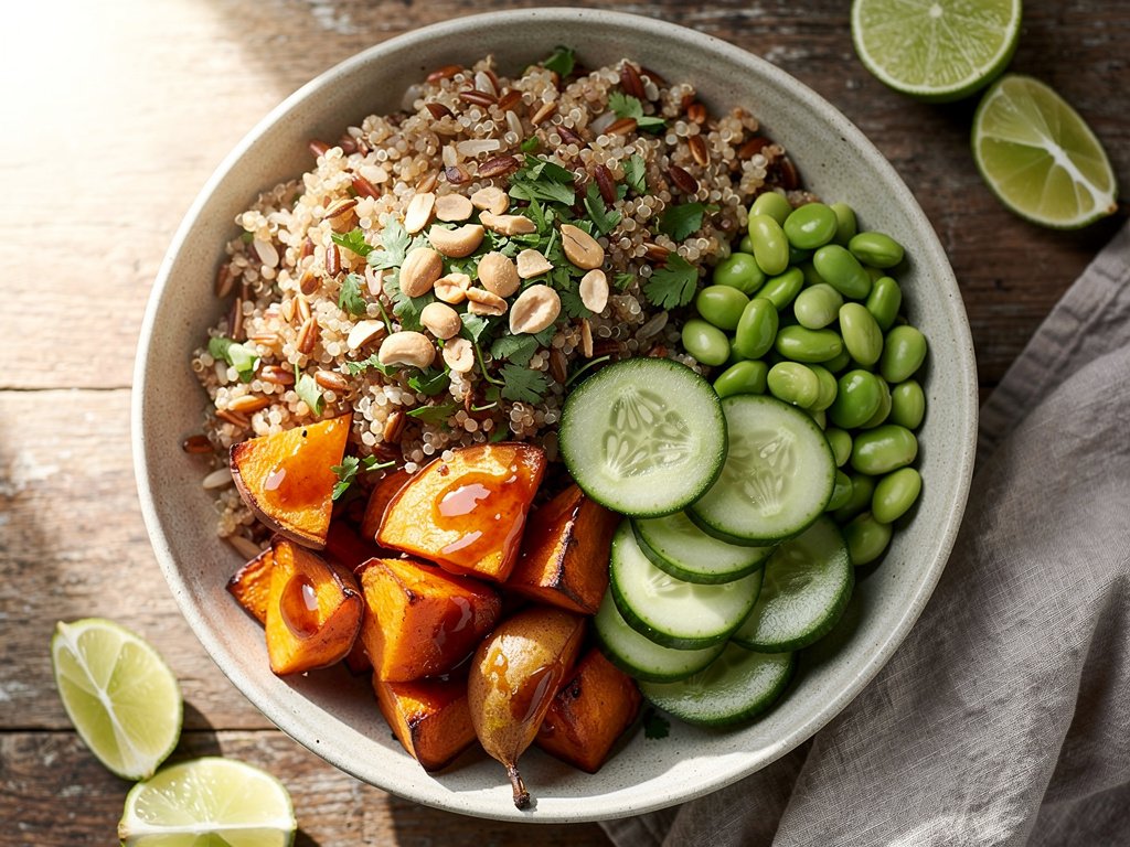 Thai-Inspired Grain Bowls with Roasted Sweet Potato, Pear, and Edamame