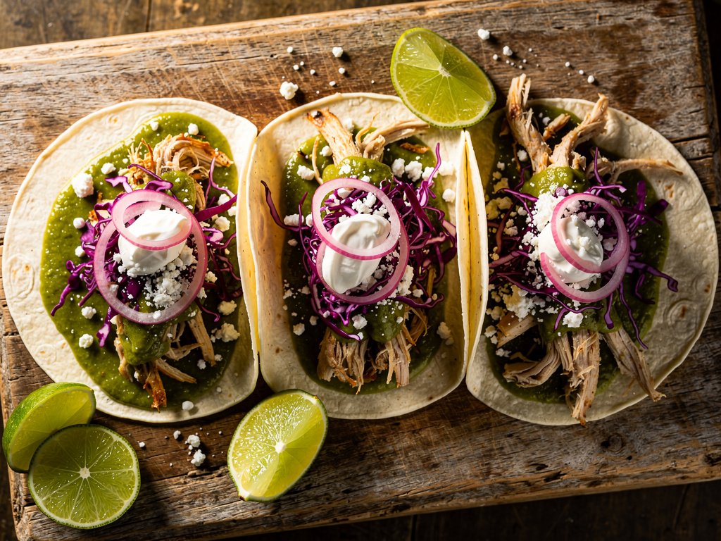 Tomatillo Chicken Verde Tacos with Cilantro-Lime Slaw and Pickled Shallots