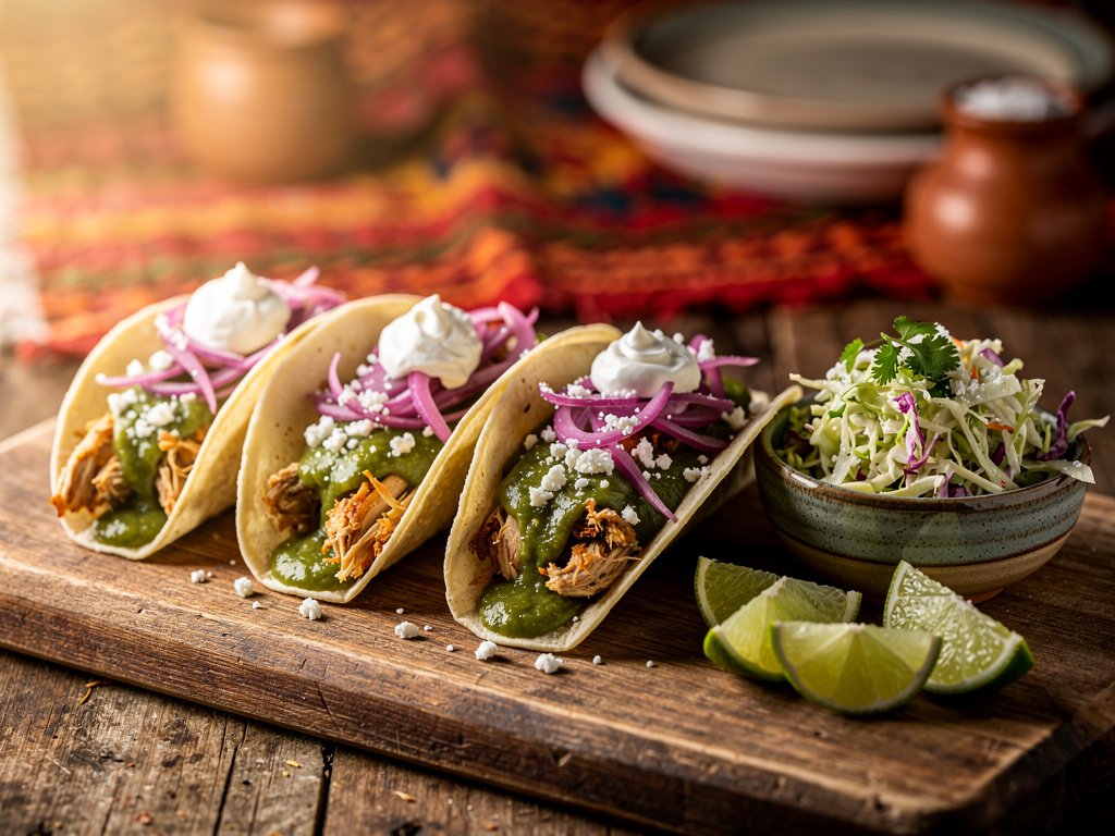Tomatillo Chicken Verde Tacos with Cilantro-Lime Slaw and Pickled Shallots