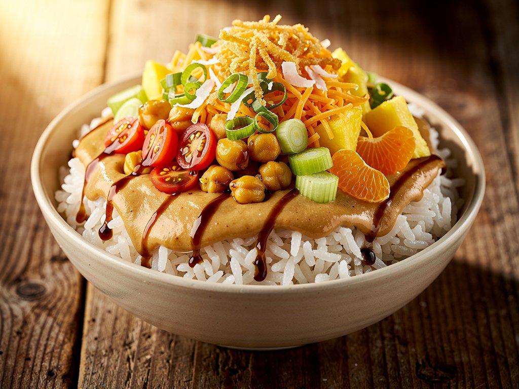 Tropical Haystack Bowls with Creamy Gravy and Crispy Chickpeas