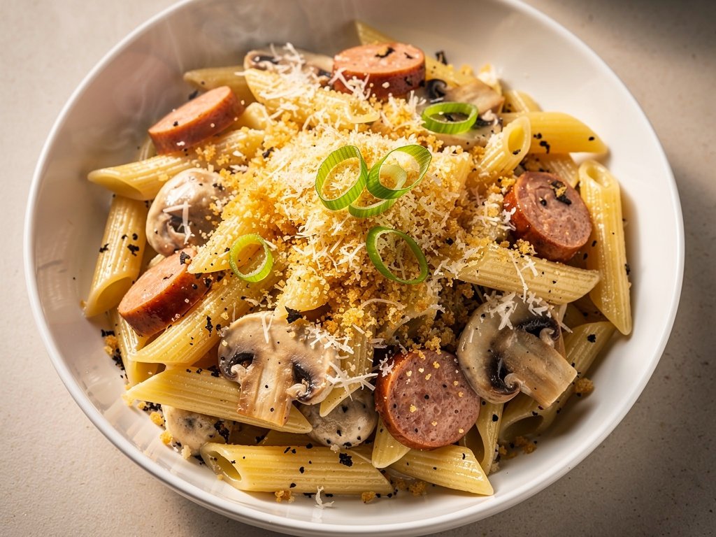 Truffle Mushroom and Chicken Sausage Penne with Garlic Panko