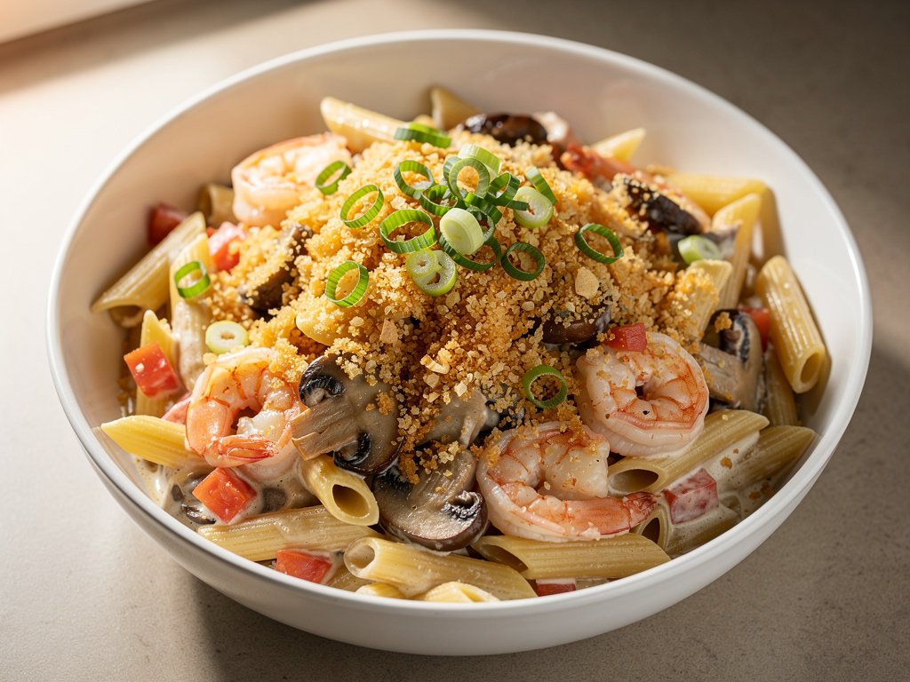 Truffle Shrimp and Mushroom Penne with Garlic Panko