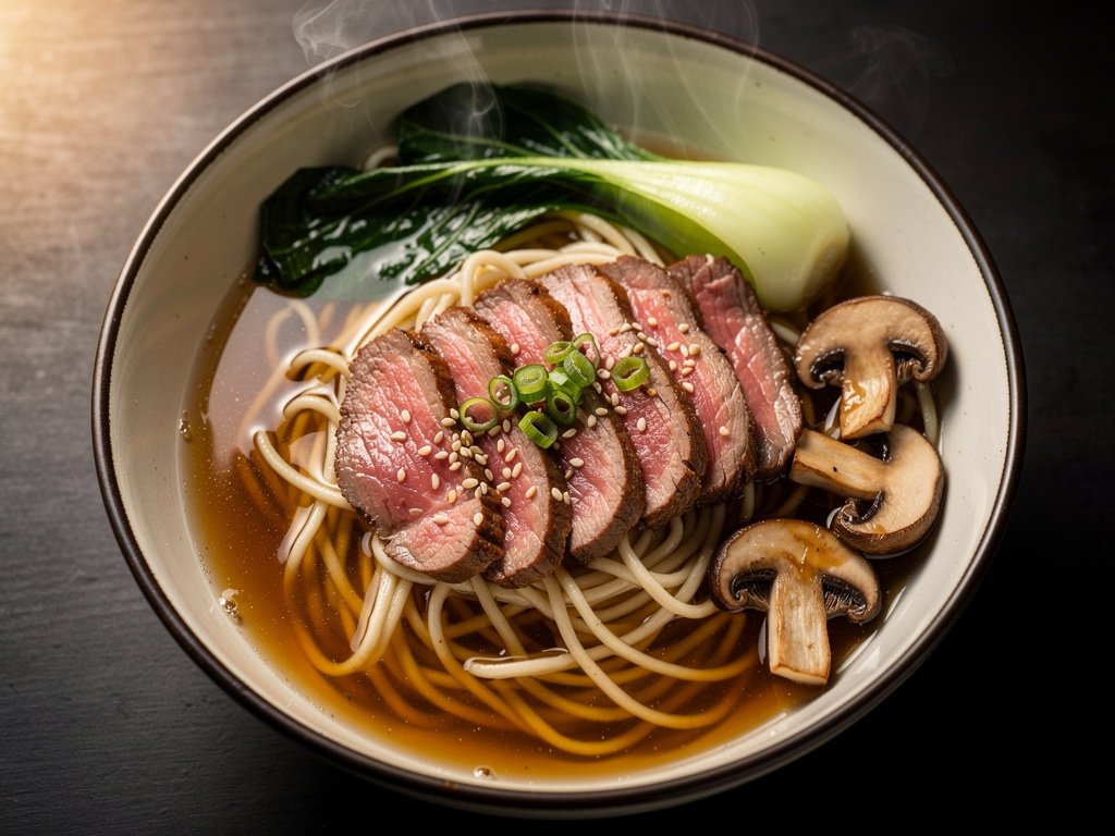 Truffle Sirloin Steak Ramen with Mushrooms and Bok Choy