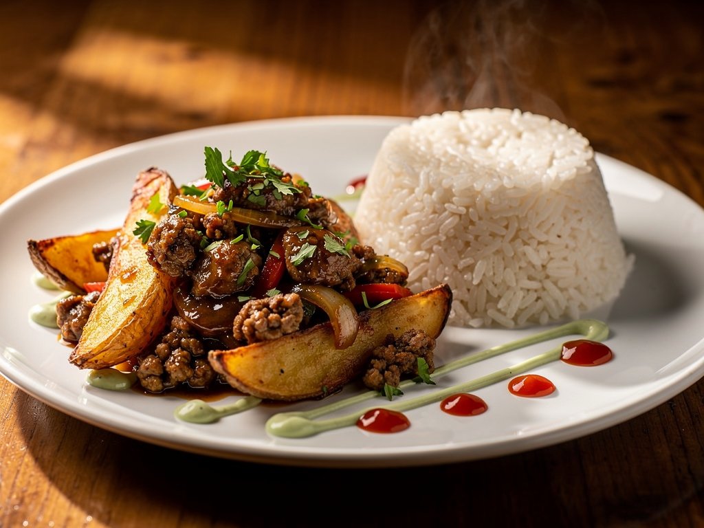 Peruvian-Style Turkey Lomo Saltado with Chimichurri Mayo and Crispy Oregano Potatoes