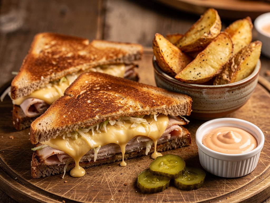 Golden Turkey Reuben Melts with Seasoned Potato Wedges