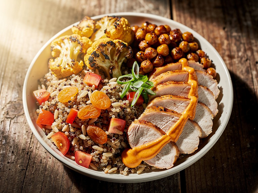 Turkish-Spiced Cauliflower, Chicken & Chickpea Grain Bowls with Harissa Aioli