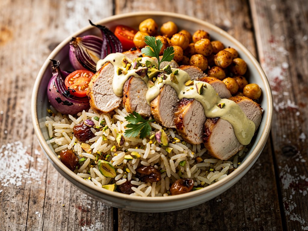 Turkish-Spiced Chicken and Chickpea Bowls with Pistachio Basmati Rice and Lemon-Herb Hummus Sauce
