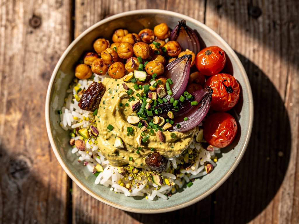 Turkish-Spiced Chickpea Bowls with Pistachio Date Rice and Lemon-Herb Hummus Sauce