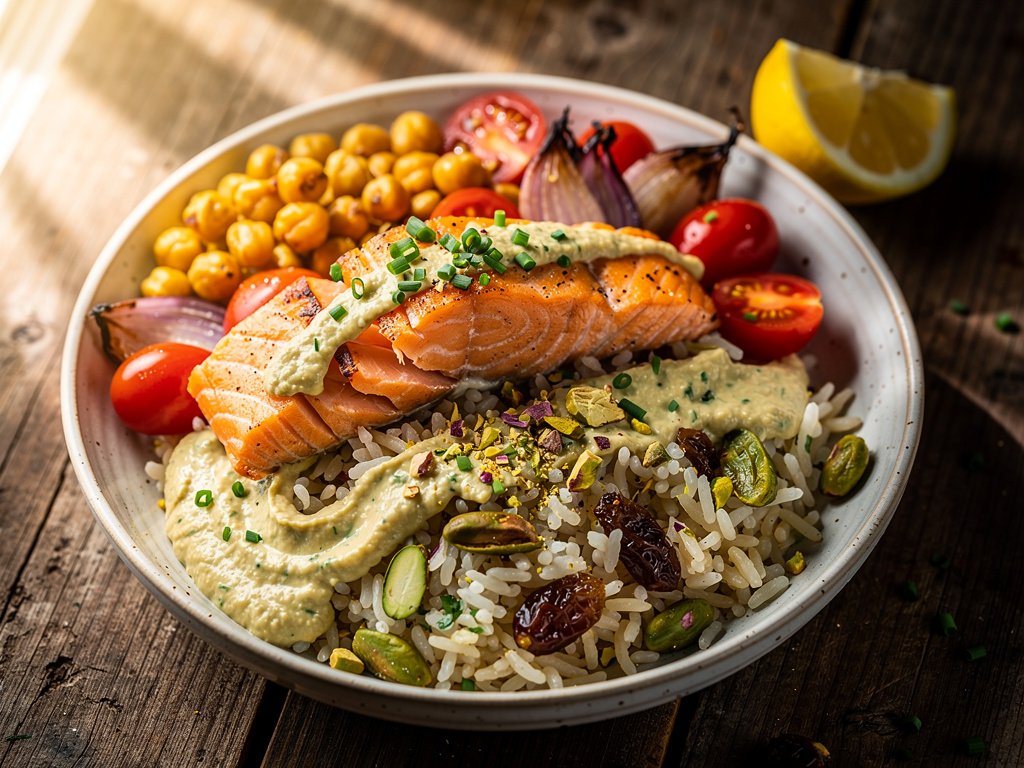 Turkish-Spiced Salmon & Chickpea Bowl with Pistachio Rice and Lemon-Herb Hummus