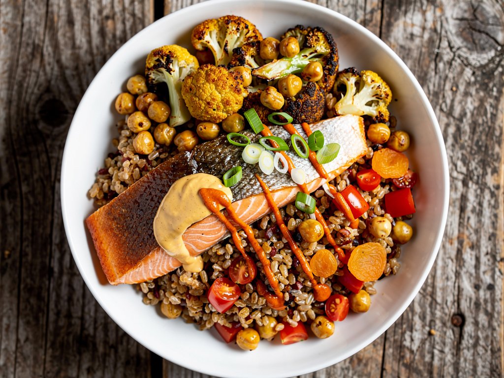 Turkish-Spiced Salmon Grain Bowls with Cauliflower, Chickpeas, and Harissa Aioli