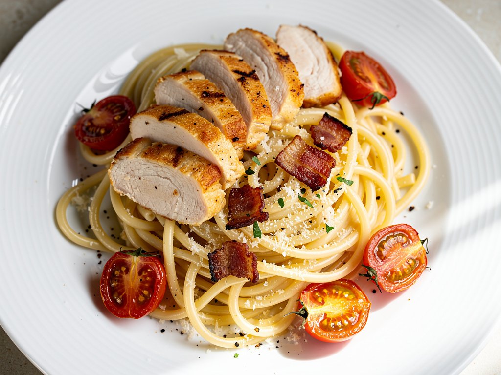 Tuscan Chicken and Bacon Linguine with Roasted Tomatoes