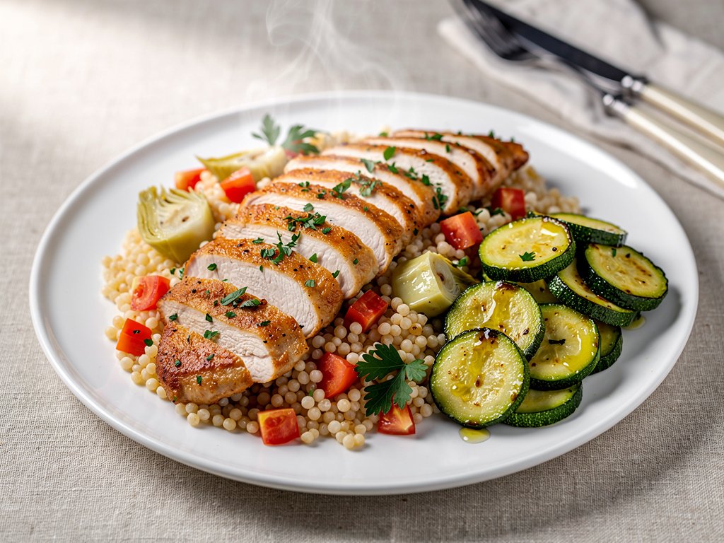 Tuscan Chicken Cutlets with Tomato-Artichoke Couscous and Zucchini