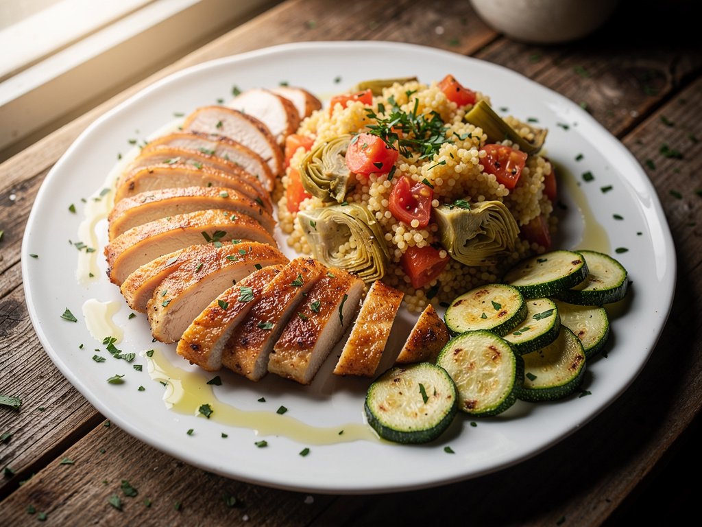 Tuscan Chicken Cutlets with Tomato-Artichoke Couscous and Sautéed Zucchini