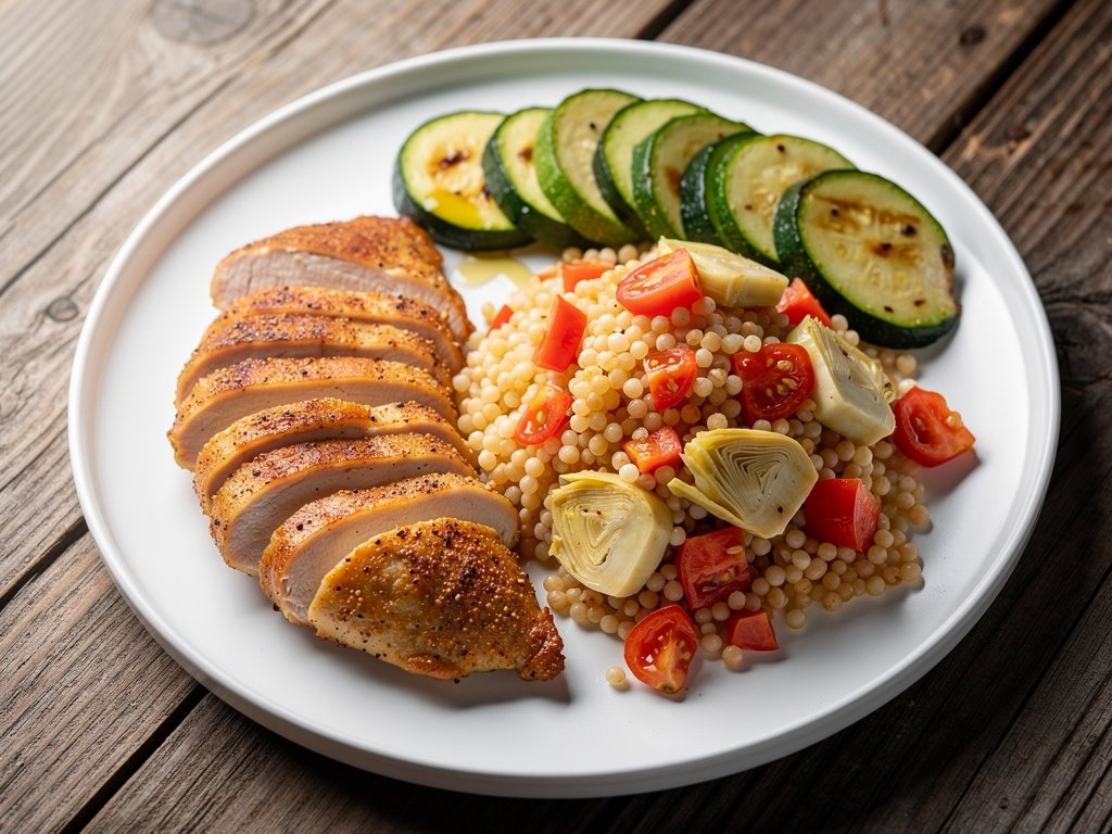 Tuscan Chicken Cutlets with Tomato-Artichoke Couscous and Sautéed Zucchini