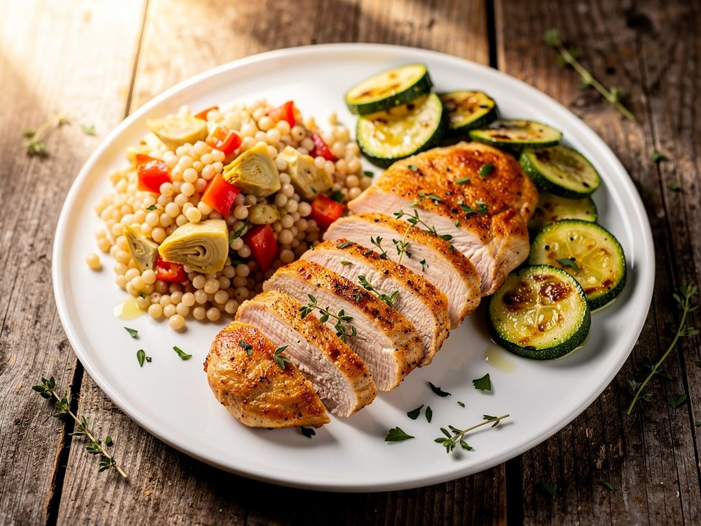Tuscan Chicken Cutlets with Tomato-Artichoke Couscous and Zucchini