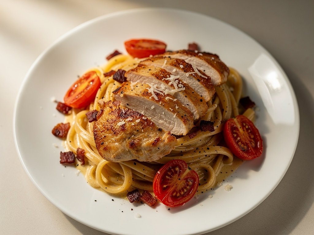 Tuscan Chicken Linguine with Roasted Tomatoes and Bacon