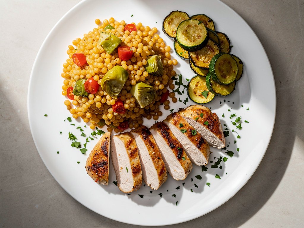 Tuscan Chicken Cutlets with Tomato-Artichoke Couscous and Sautéed Zucchini