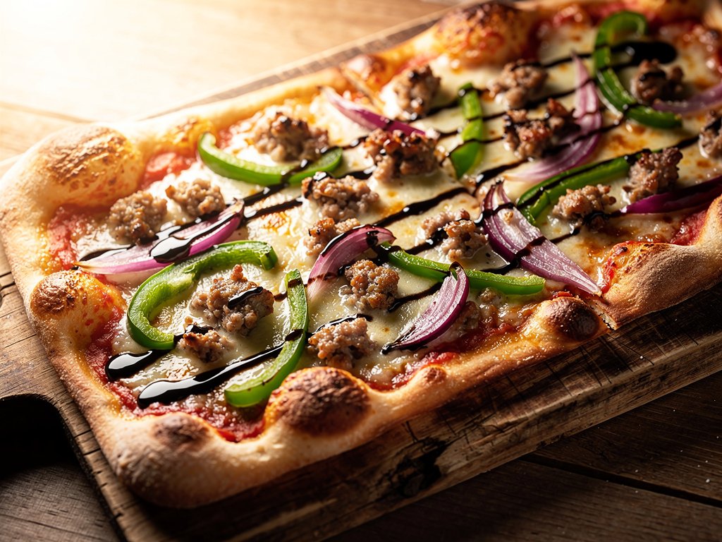 Tuscan Sausage and Pepper Pizza with Balsamic Glaze