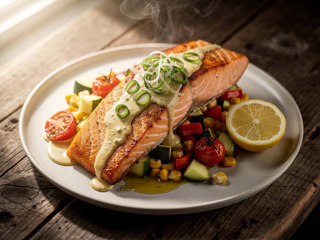Tuscan Spiced Salmon with Tomato-Basil Succotash and Lemon Garlic Aioli