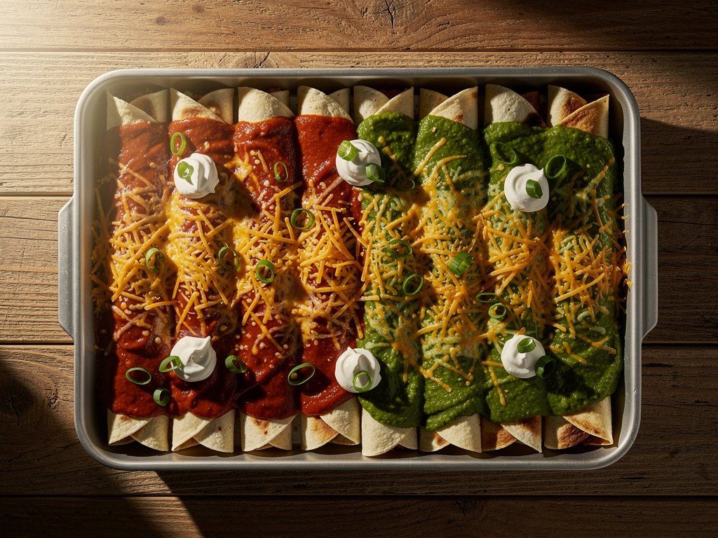 Two-Sauce Beef Enchiladas with Rice and Cheese