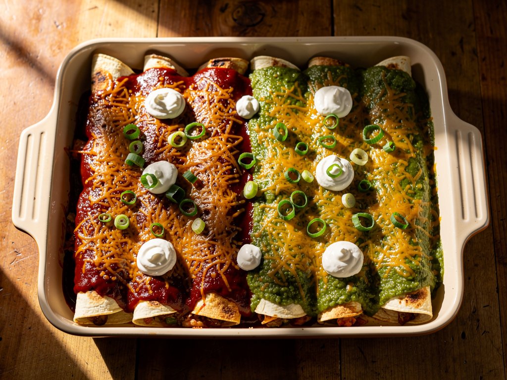 Two-Sauce Beef Enchiladas with Rice and Cheese
