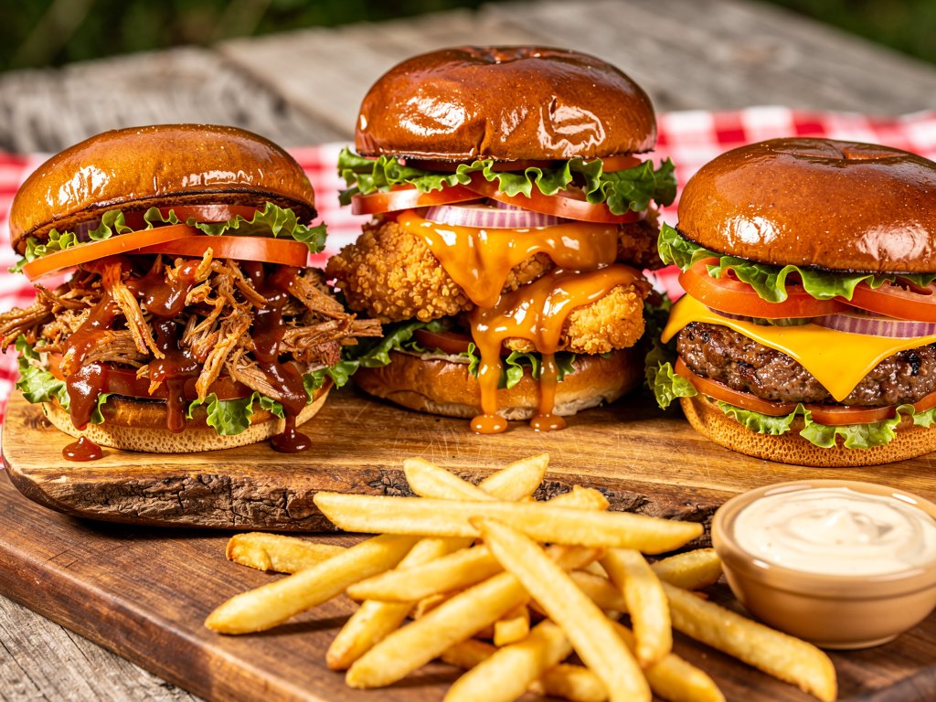 Ultimate BBQ Burger Bar with Pulled Pork, Hot Honey Chicken, and Classic Cheeseburgers