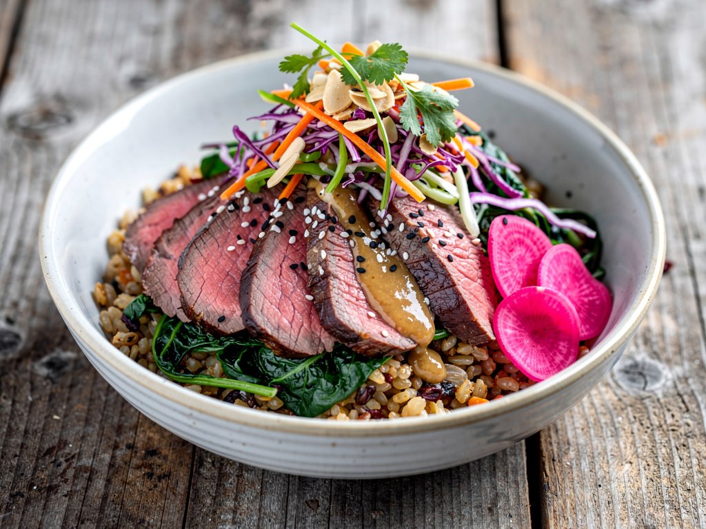 Umami Ginger Steak and Grain Bowls with Sesame Almond Slaw