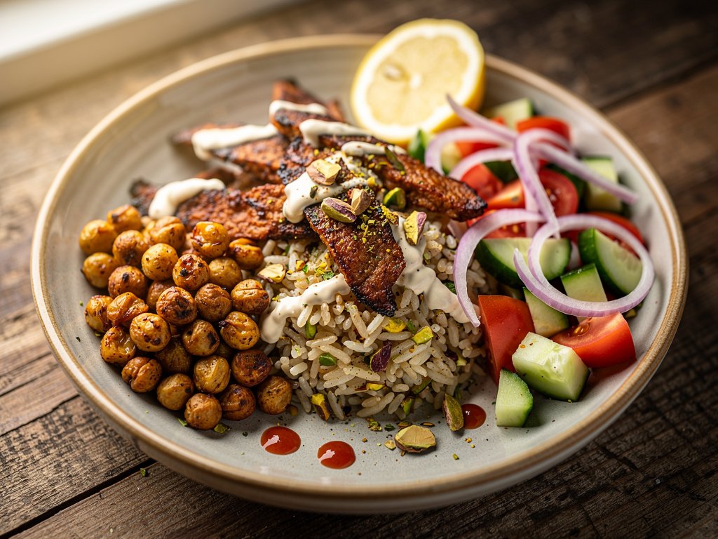 Vegan Shawarma-Spiced Chickpeas with Pistachio Rice and Cucumber Salad