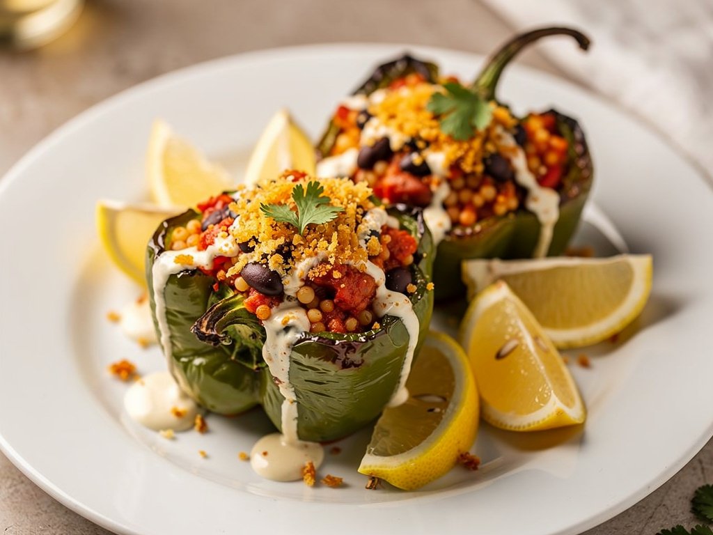 Vegan Stuffed Bell Peppers with Couscous, Black Beans, and Lemon Crema
