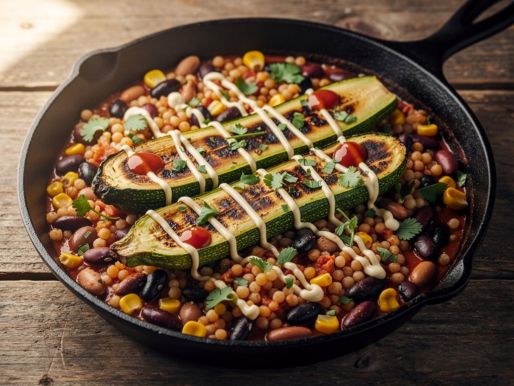 Vegan Three-Bean Zucchini Couscous Skillet with Enchilada Sauce
